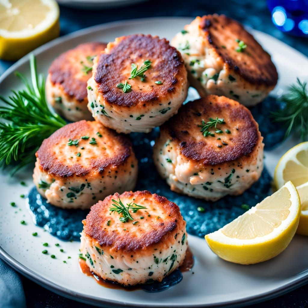 Hyperrealistic Salmon Fishcakes on a Plate