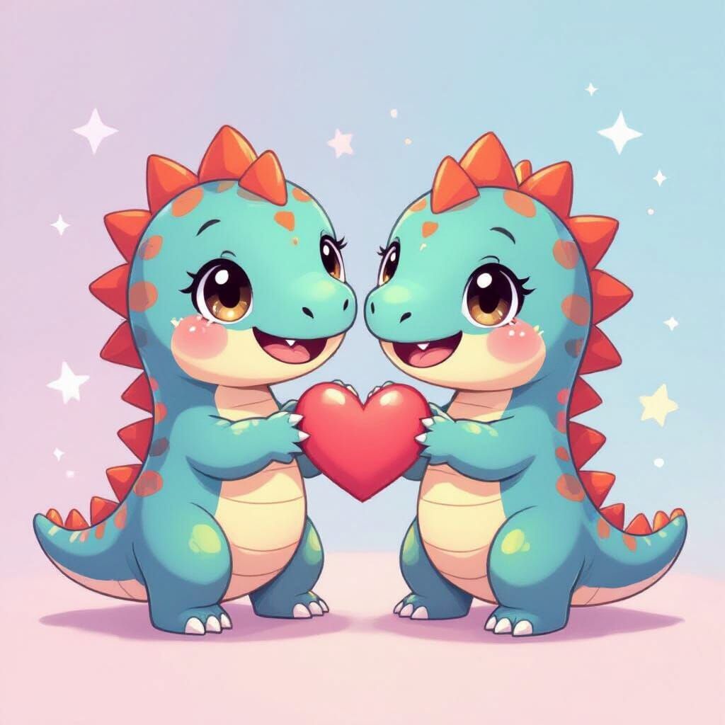 Kawaii Chibi Dinosaurs Making Heart Shape
