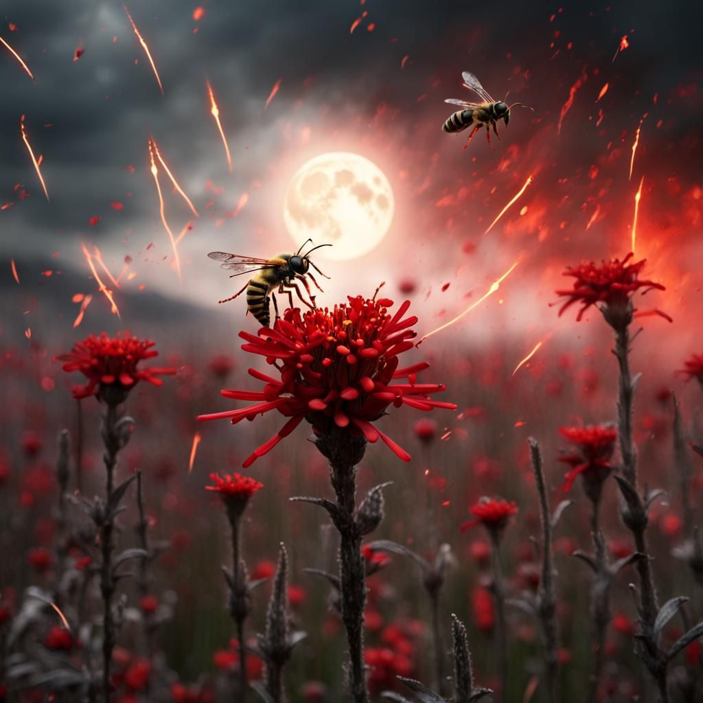 Wasps Hunting Flowers in Fiery Moonlit Field