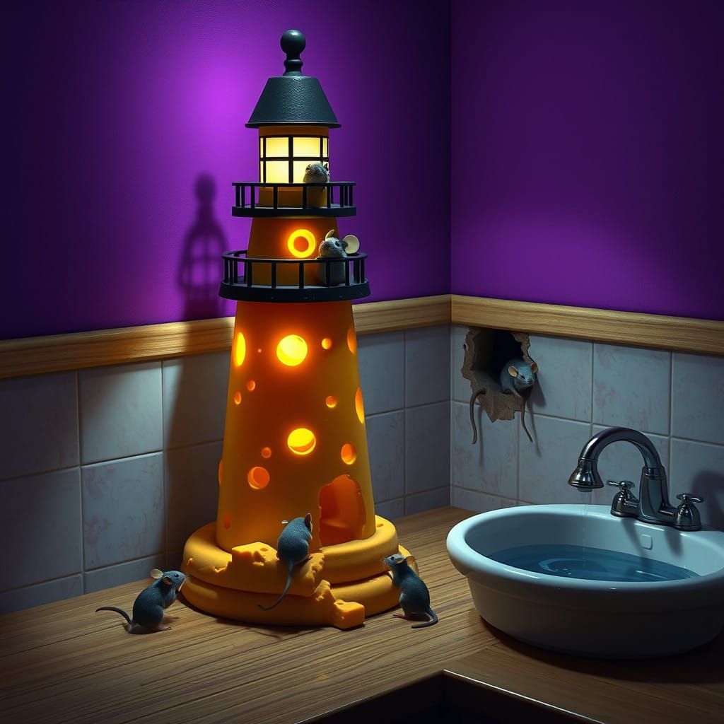 Cheesy Lighthouse Perched on a Wooden Countertop
