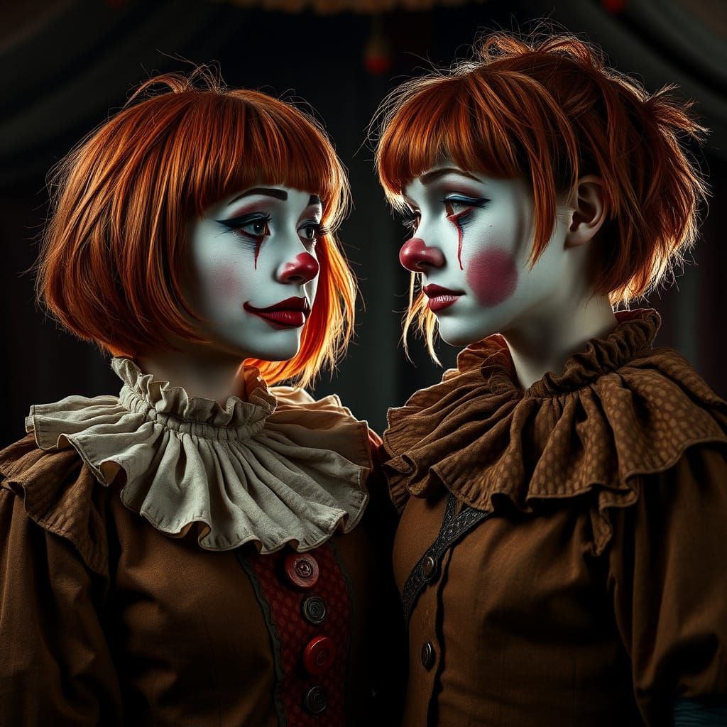Melancholic Clown Sisters in Oil Painting Style
