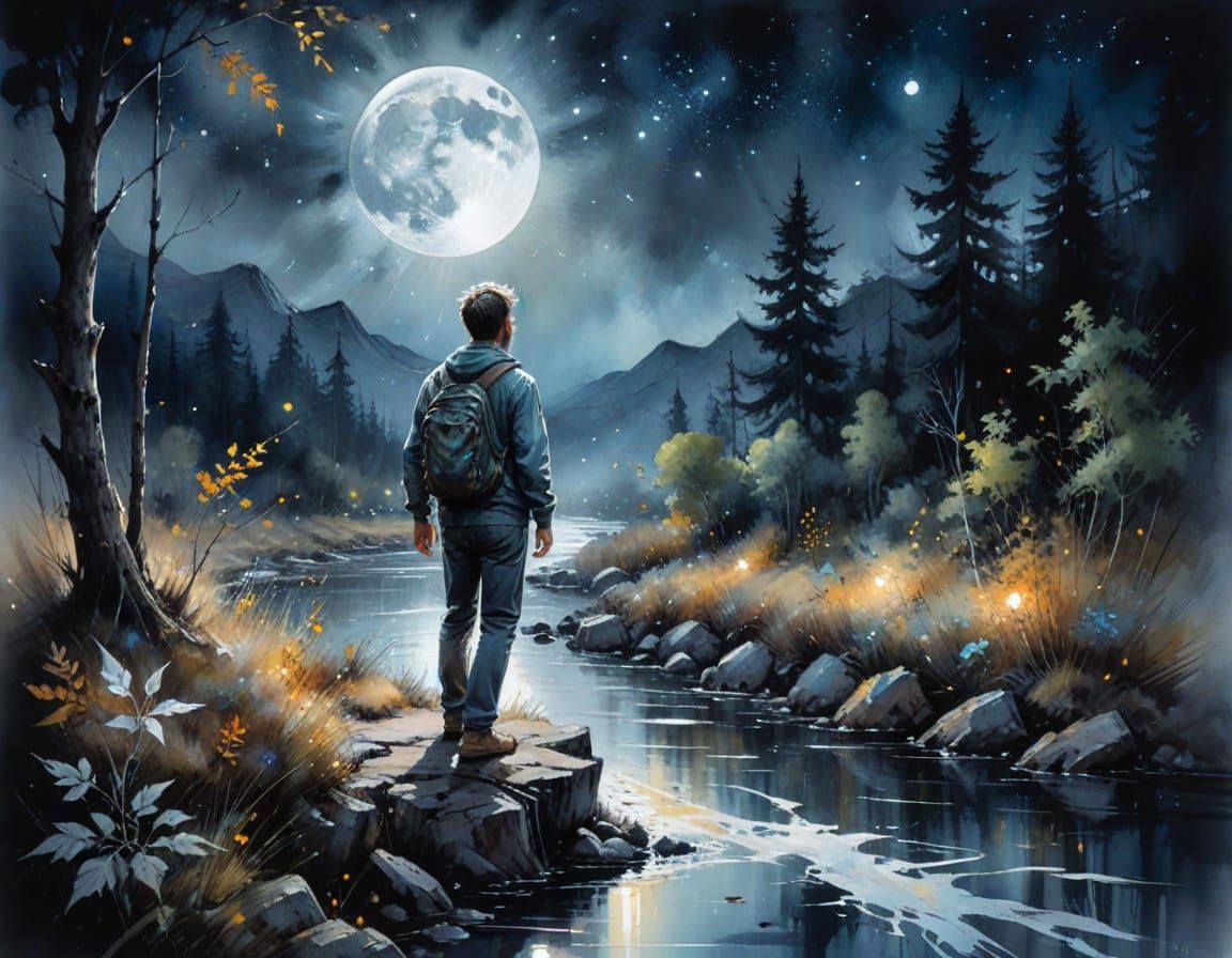 Man Walks Under Moonlit Mountains in Watercolour