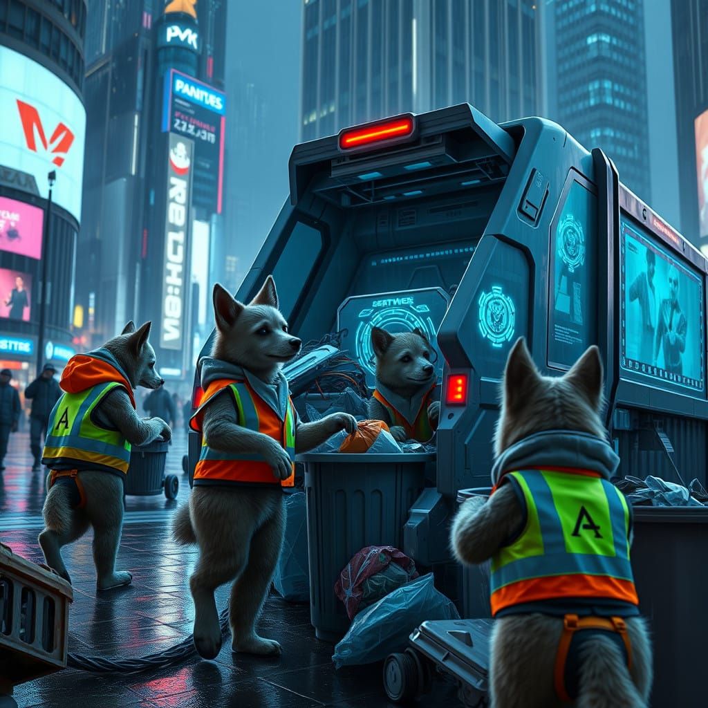 Cyberpunk Canine Garbage Collectors at Work in Dystopian Met...