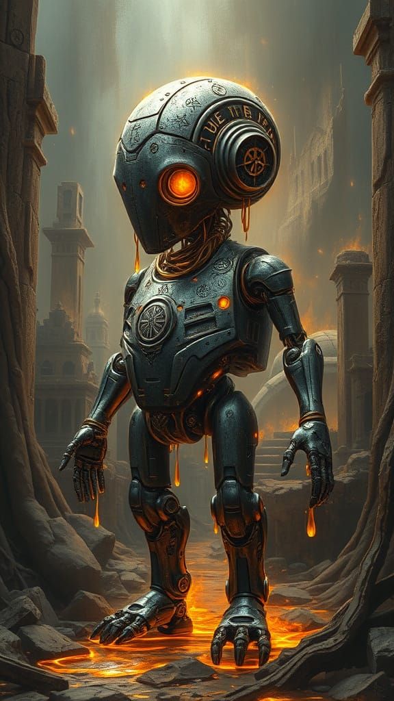 Ancient AI Construct in Mythological Ruins