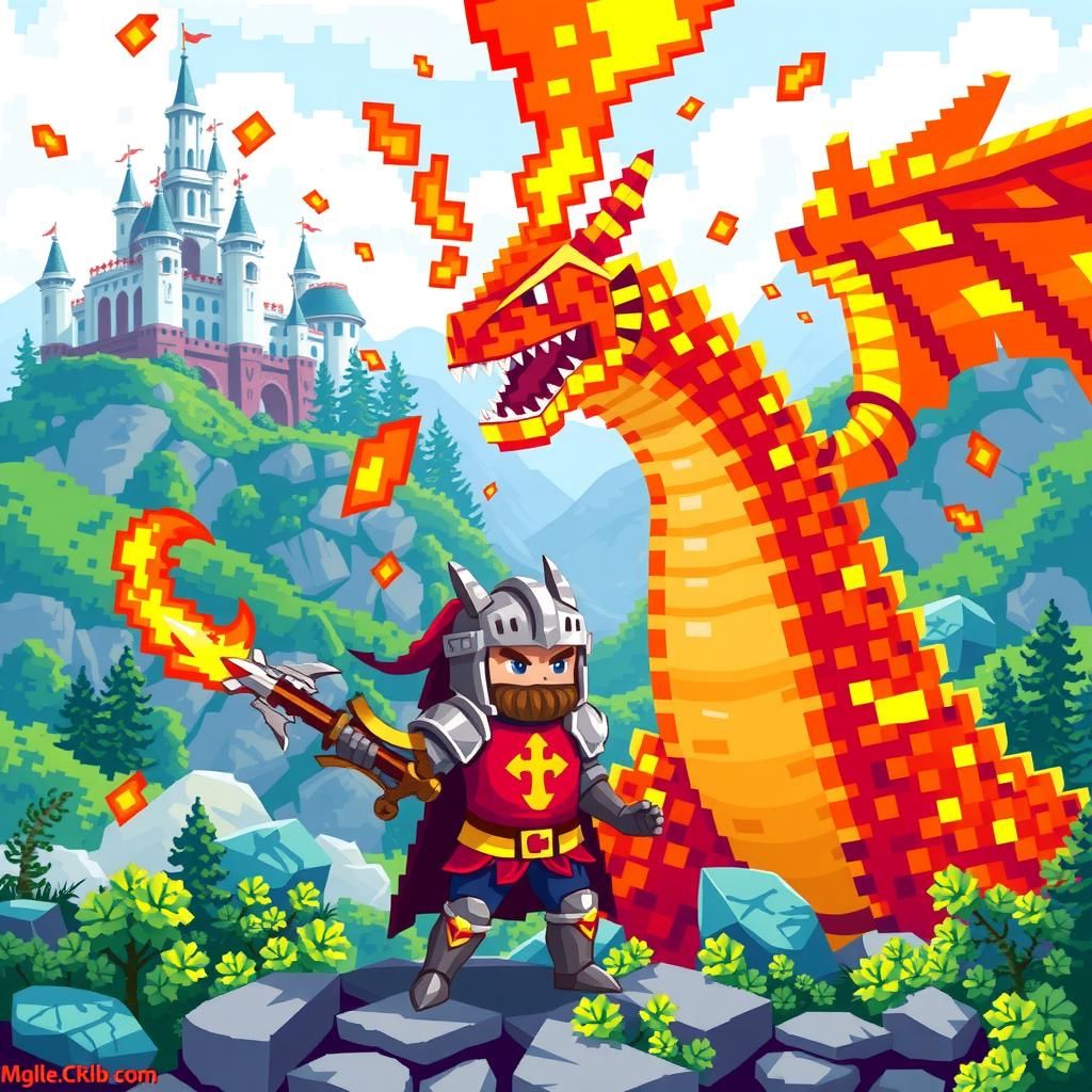 Pixel Knight Confronts Dragon in Retro Block World