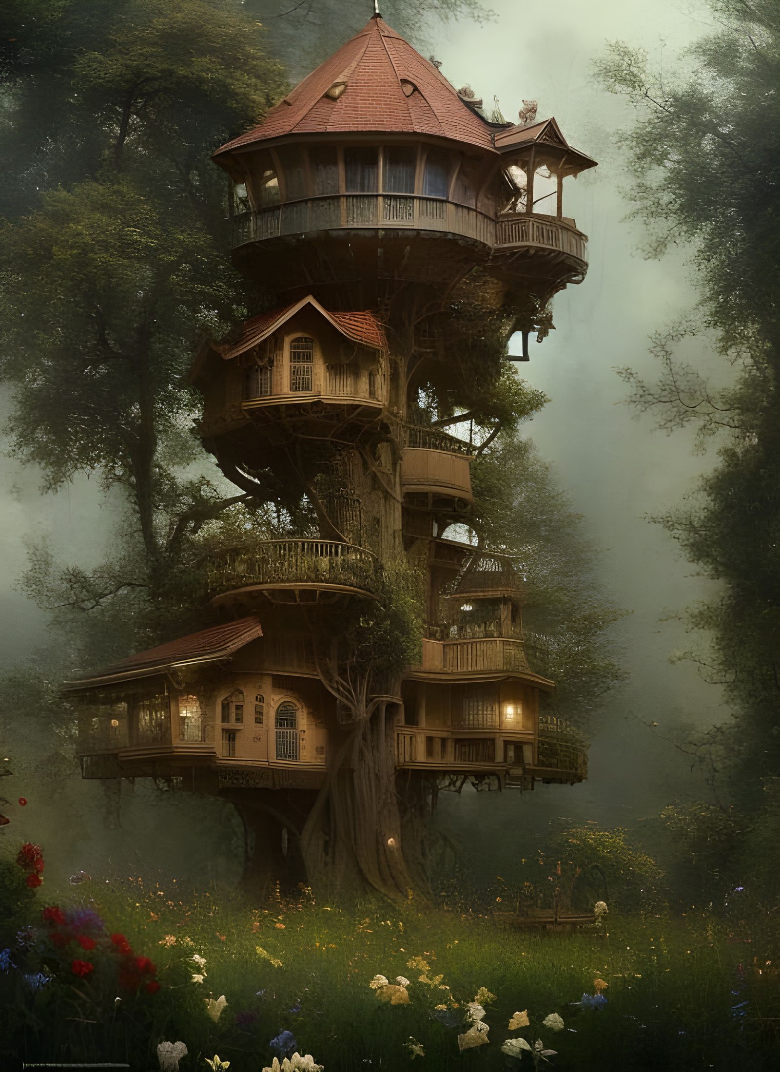 Hyperrealistic Treehouse in Russian Garden, Detailed Art
