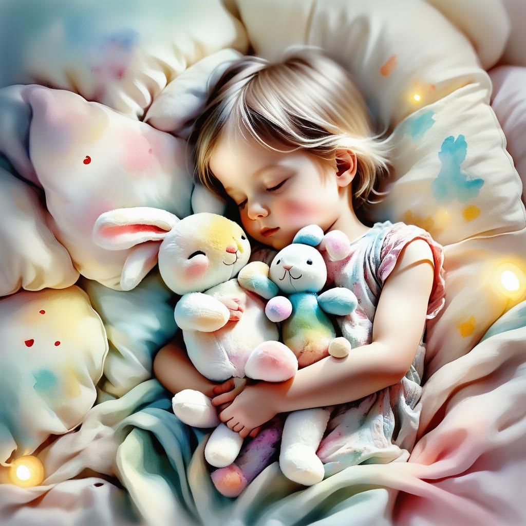 Peaceful Whimsical Watercolor of a Sleeping Child with Bunny