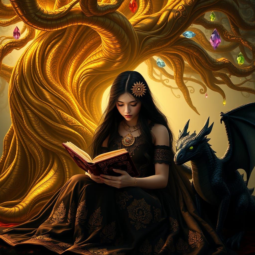 Woman Reading Under Golden Tree with Dragon