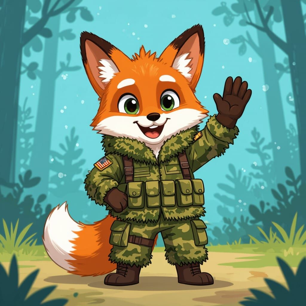 Cartoon Fox in Ghillie Suit Gives High Five