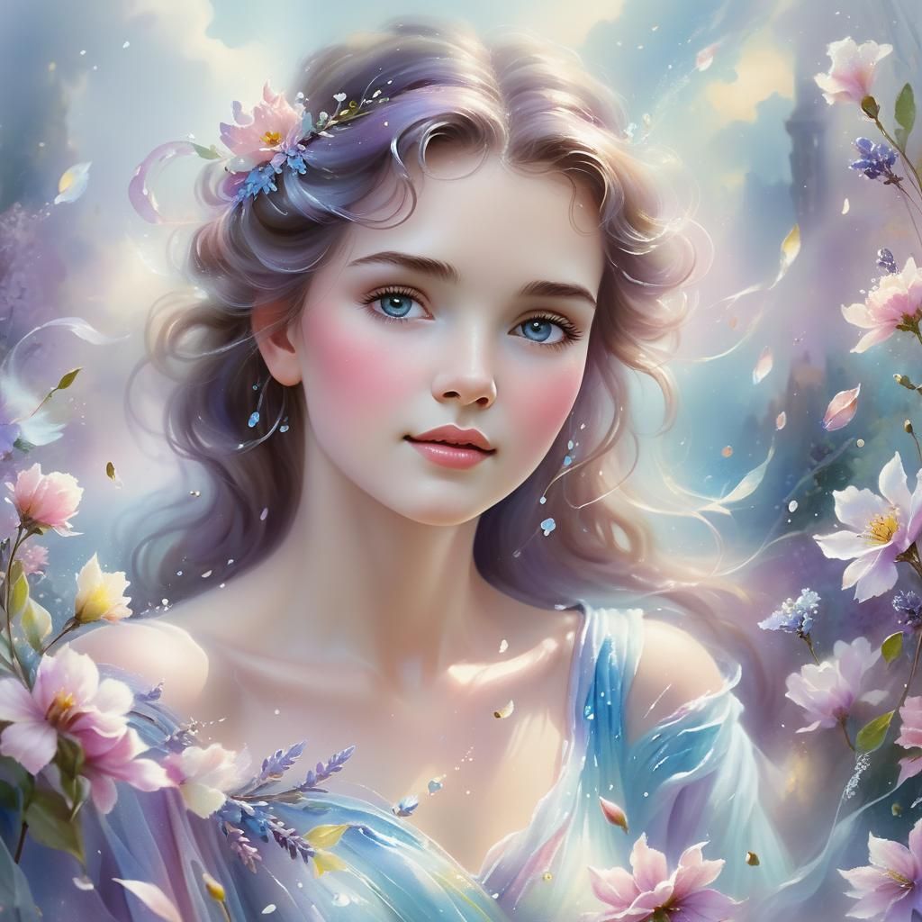 Ethereal Wind Goddess Portrait in Watercolor Fantasy