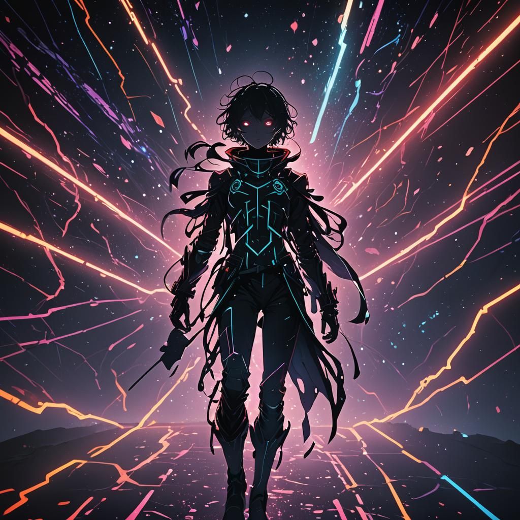 Anime Figure Floating in Dark Neon Abyss