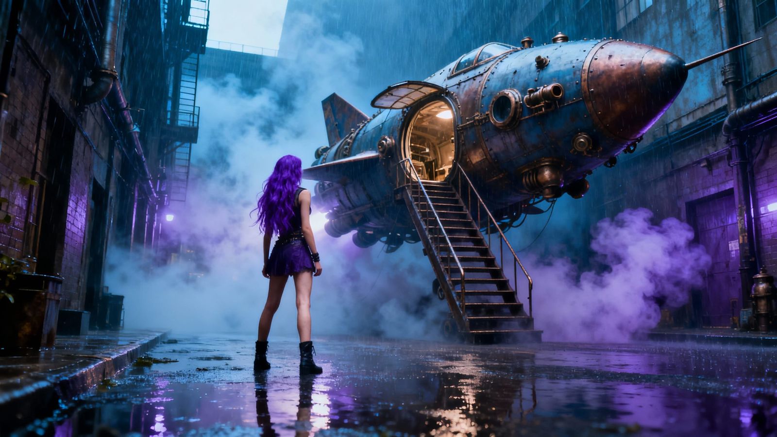 Steampunk Rocket Awaits Woman in Rainy Alleyway