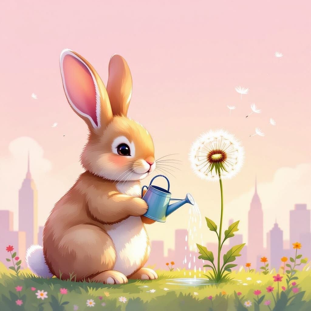 Giant Bunny Waters Colossal Dandelion in Watercolor Style