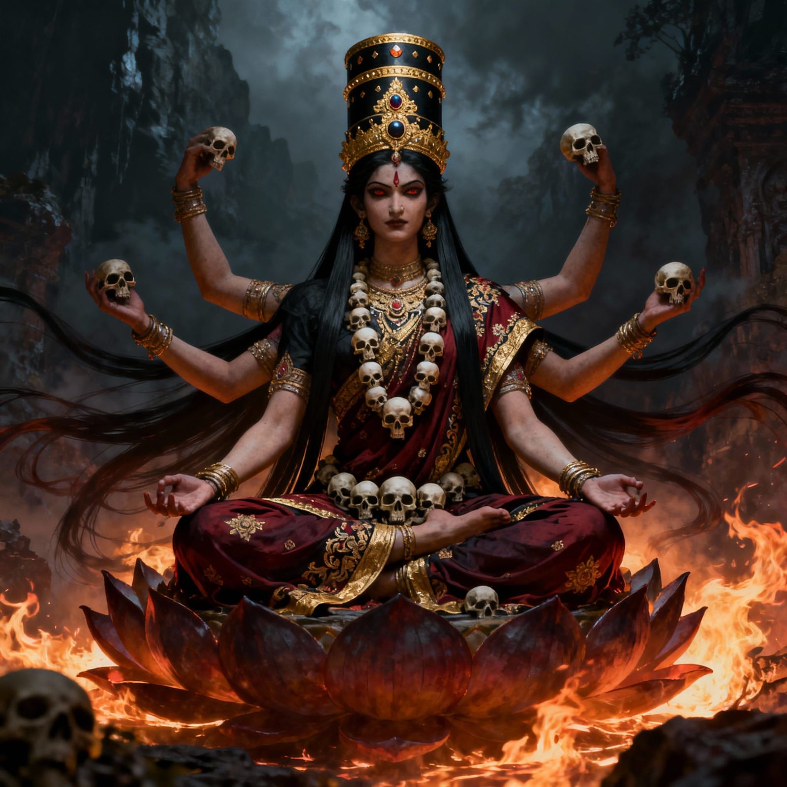 Fearsome Hindu Goddess Bhairavi in Fiery Aura