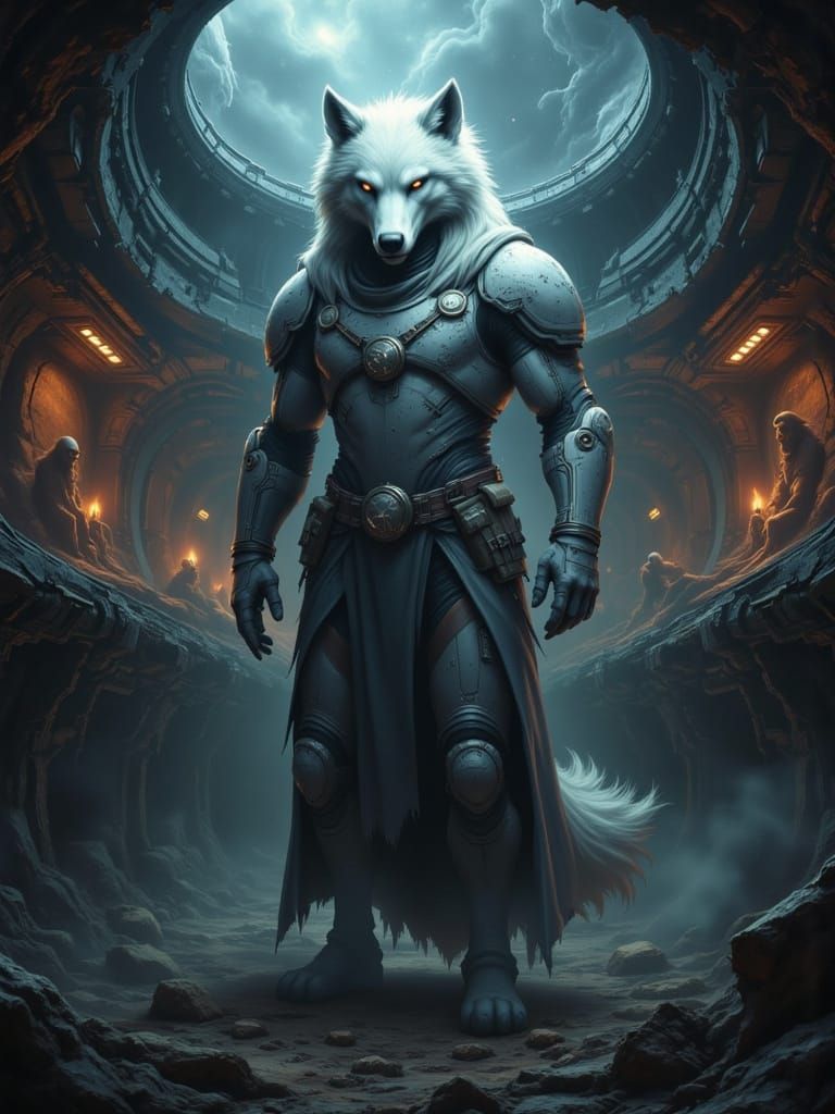 Wolf Space Captain on Derelict Starship Bridge