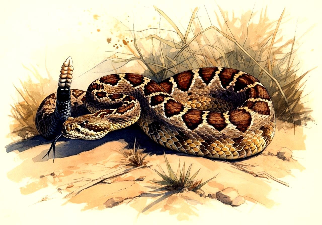 Watercolor, rattlesnake in a subtropical desert, long snake,...