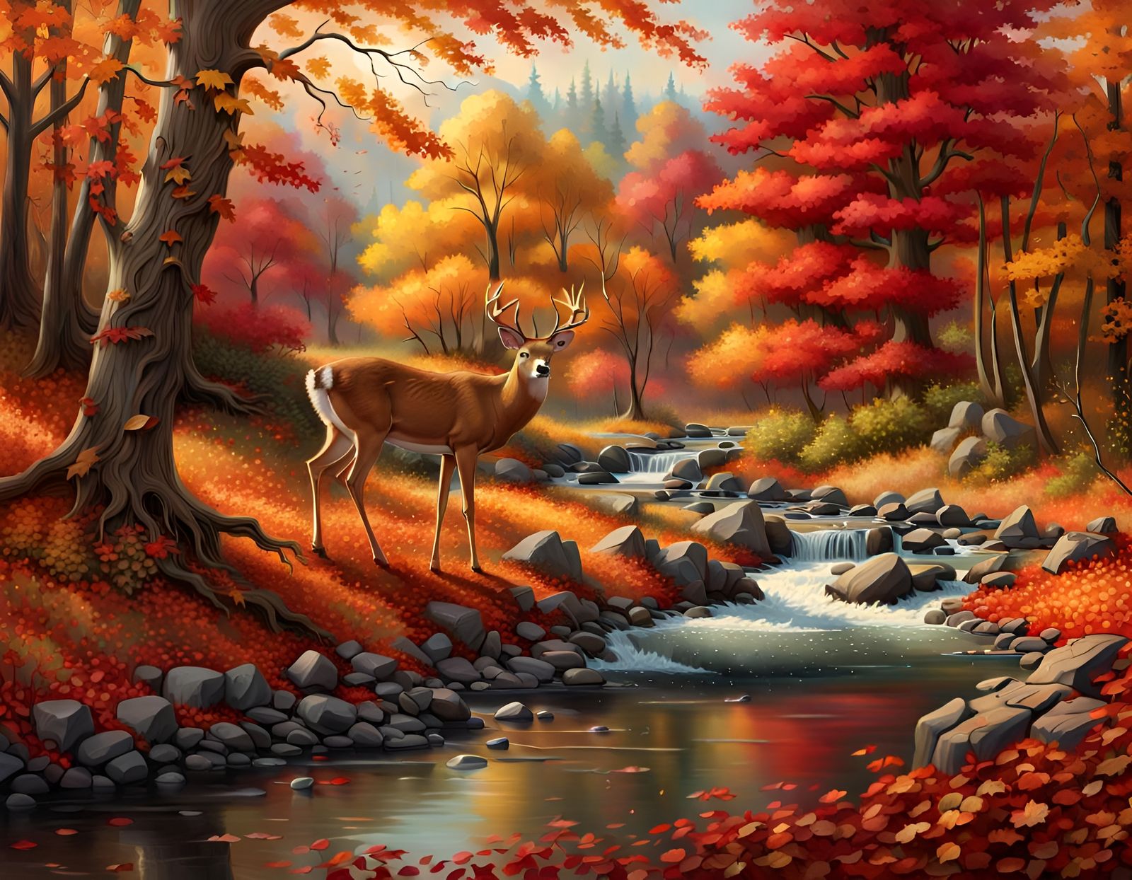Hyperrealistic Autumn Stream with Deer in Kinkade Style