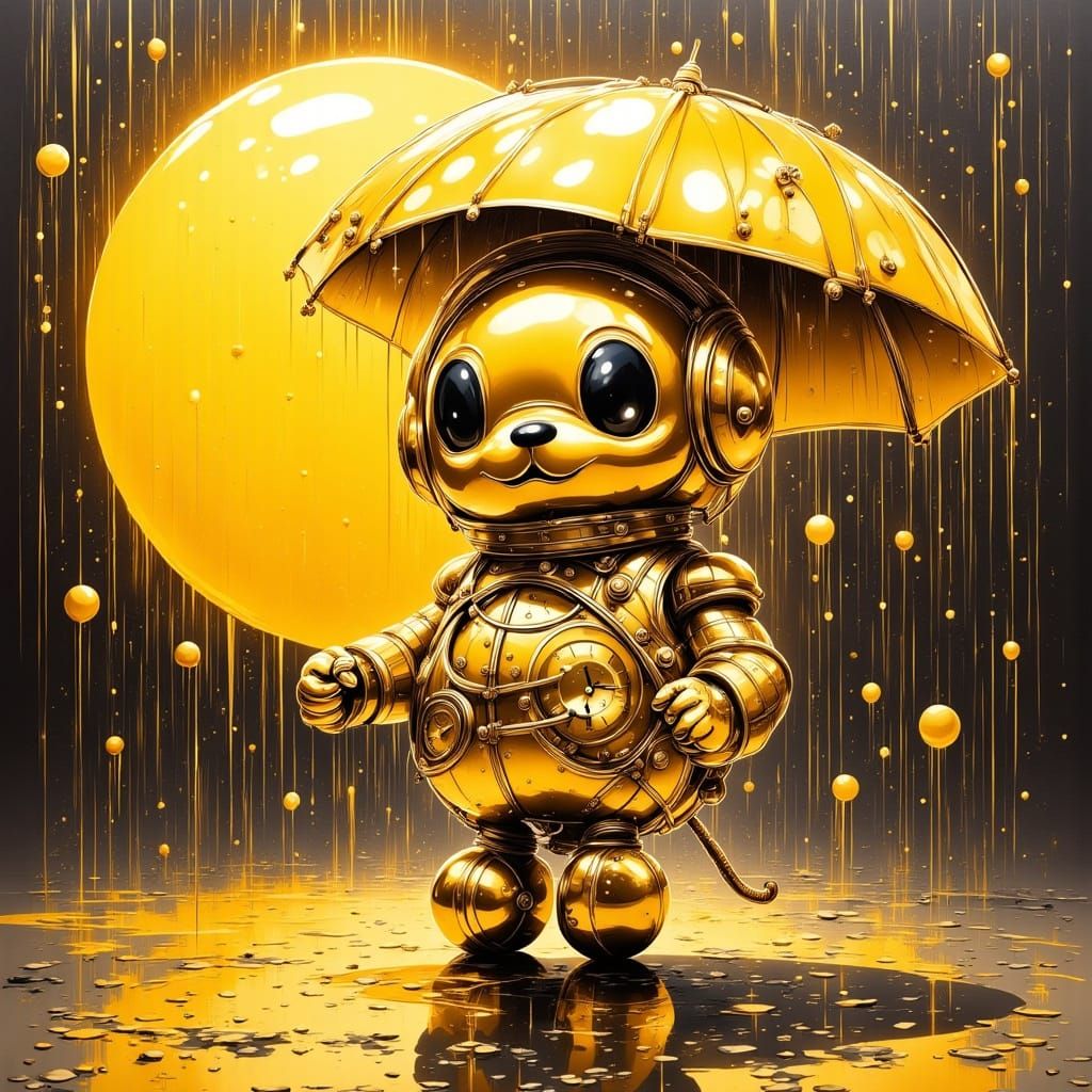 Cute Robot in Rainstorm: Charcoal Drawing