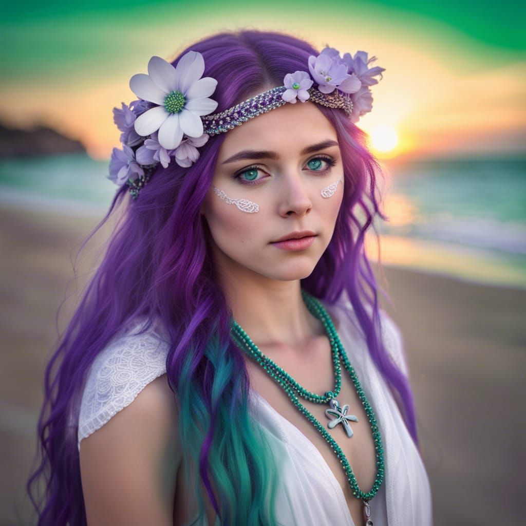 Girl with Purple Hair on Beach at Sunset