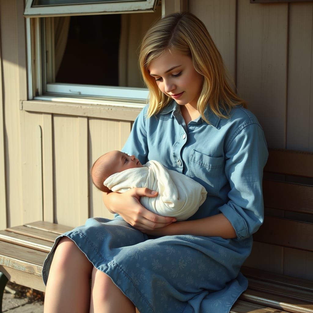 Young Mother Contemplates Life on a Worn Bench