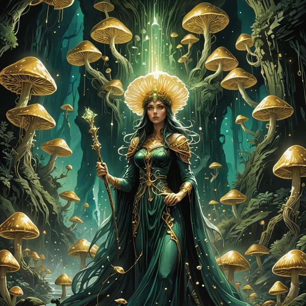 Goddess in Crystal Cave with Magic Staff