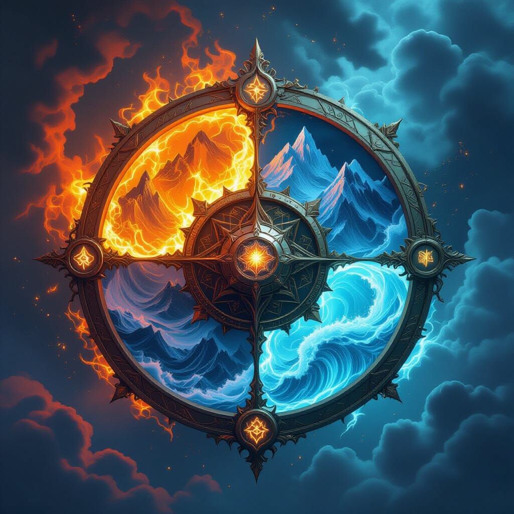 Mystical Elemental Wheel with Fire, Ice and Water
