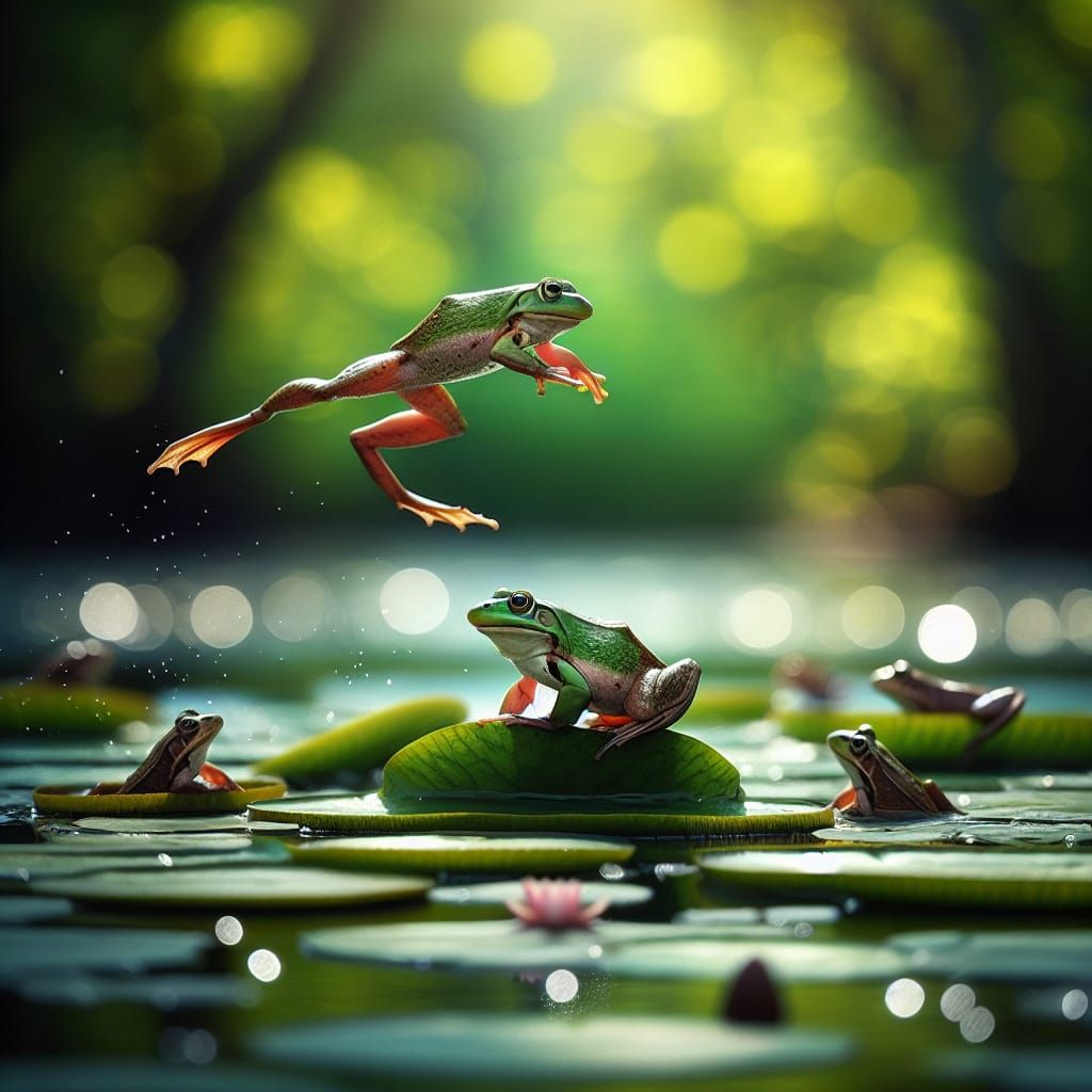 Frogs Play Leapfrog in Tranquil Pond: Photography