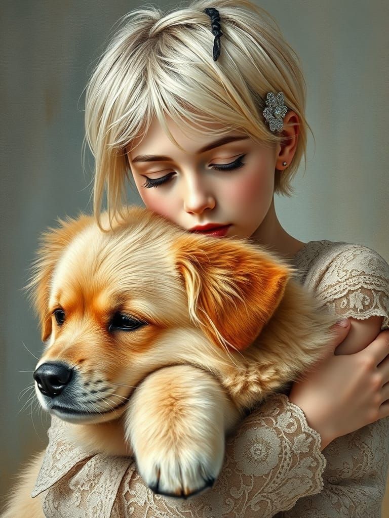 Slavic Girl Embracing Dog: Impressionist Gouache Watercolor