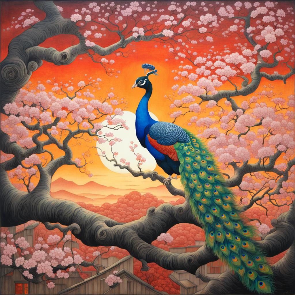 Mystical Sunset Painting with Sakura and Peacock