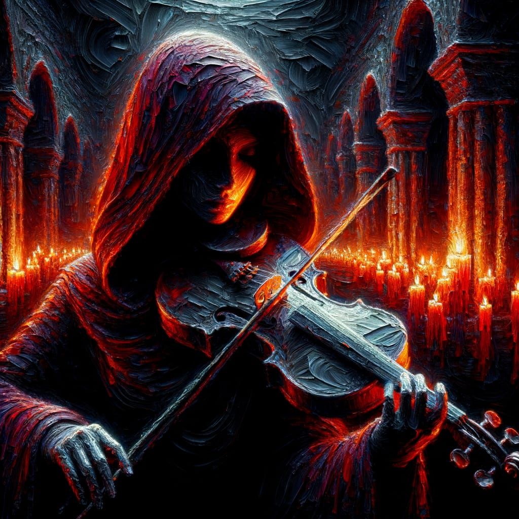 Violinist in Crypt: Impasto Oil Painting with Tenebrism