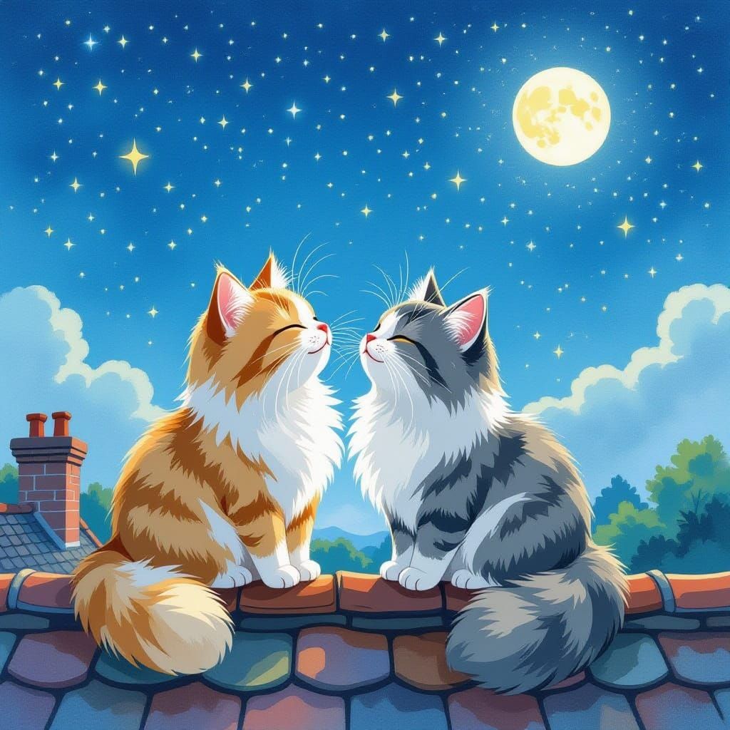 Cats Under the Stars in Watercolor Style