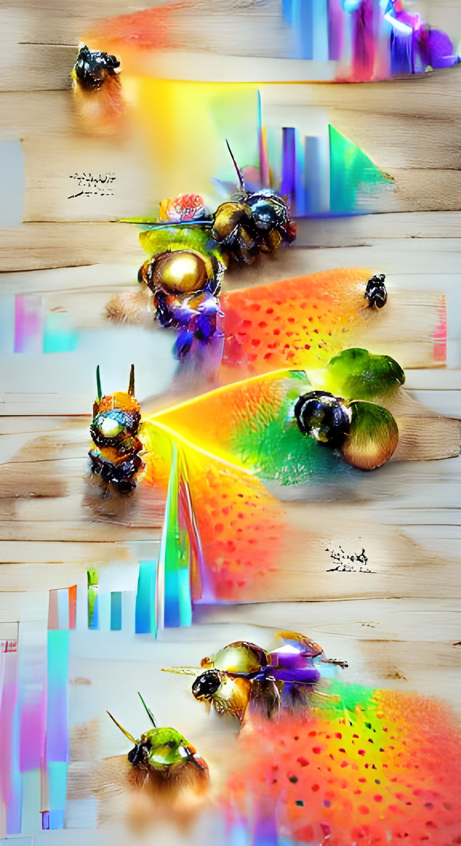 Techno Bees Collecting Prism Pollen in Neon Colors