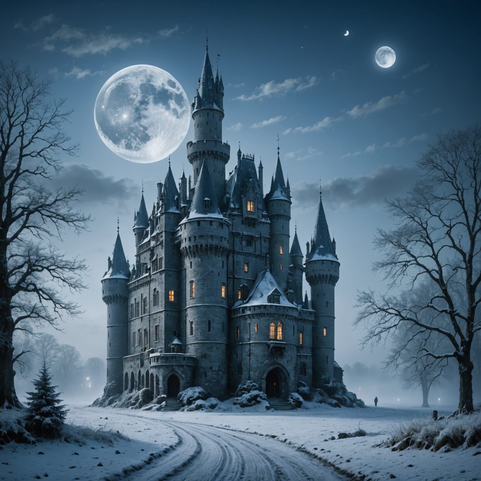 Ethereal Winter Castle Under Full Moon
