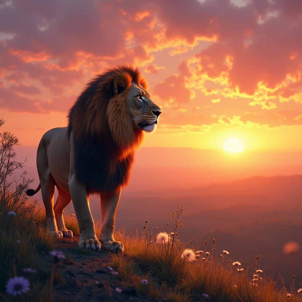 Majestic Lion Amidst Dandelion Seed Mane in Sunset Savanna