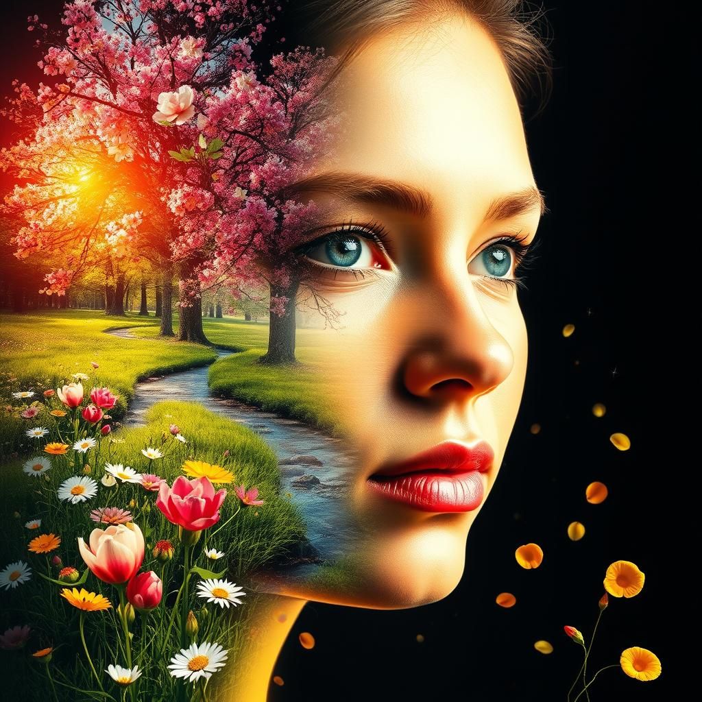 Seasonal Transition Face in Double Exposure Art