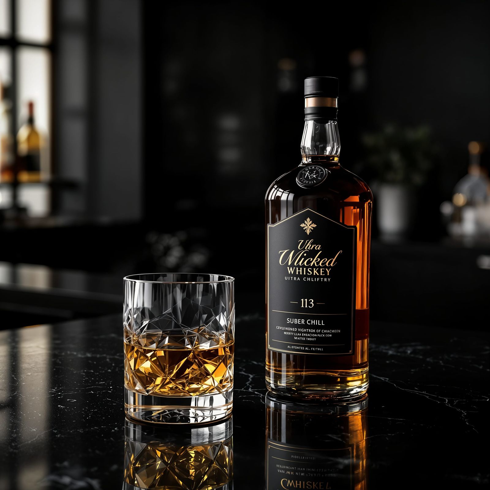 Ultra Modern Black Bar with Whiskey