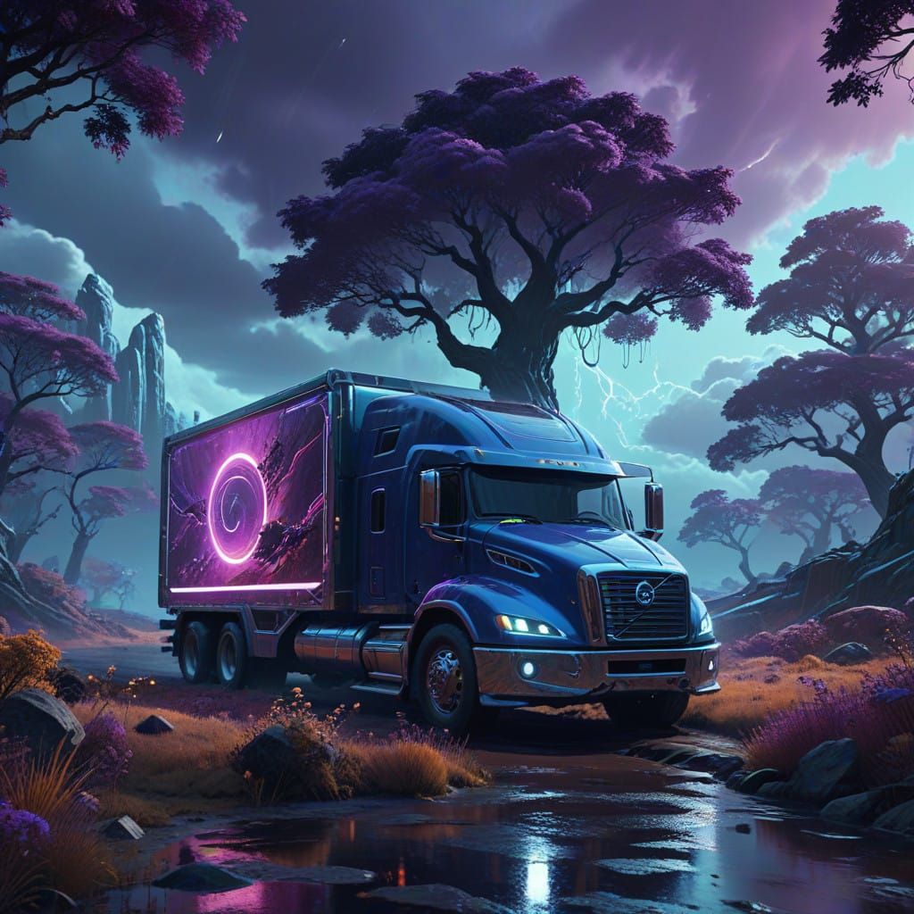 Futuristic Truck Speeds Through Electric Blue Skies in a Fan...