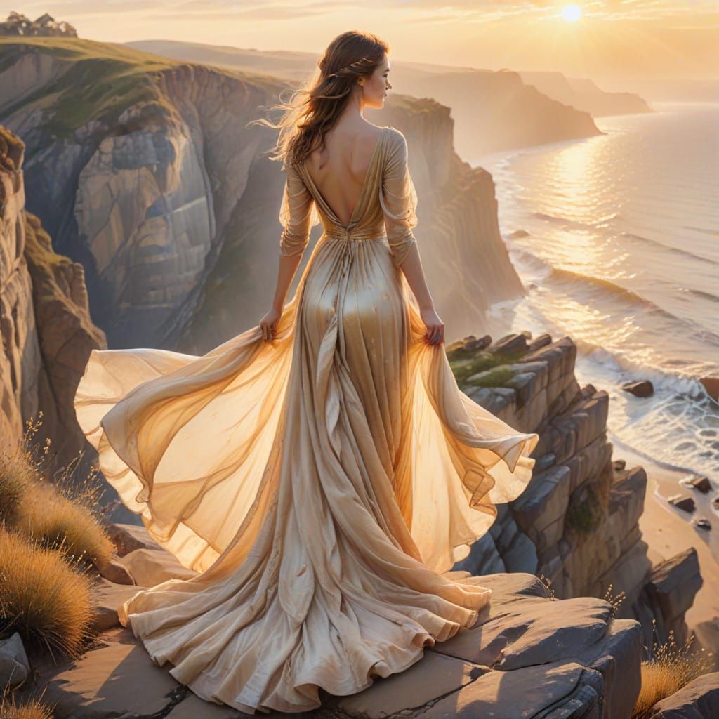 Woman on Cliff Edge in Ethereal Golden Hour Watercolor