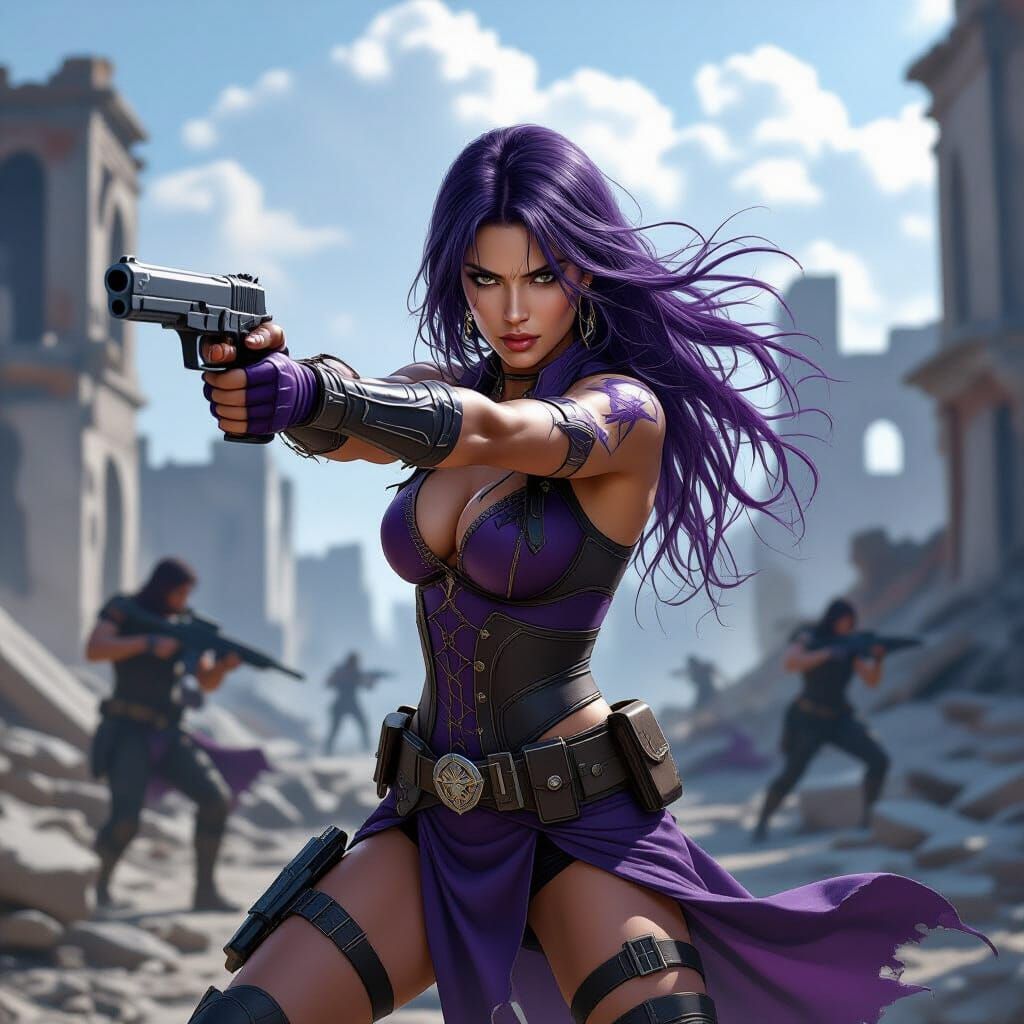 Warrior Woman in Combat with Guns Drawn, Purple Hair
