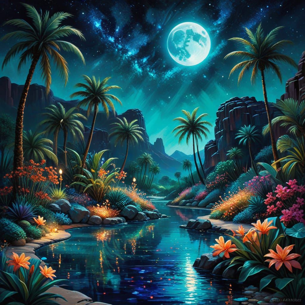 Lush Oasis Under Starry Sky in Textured Acrylic Painting