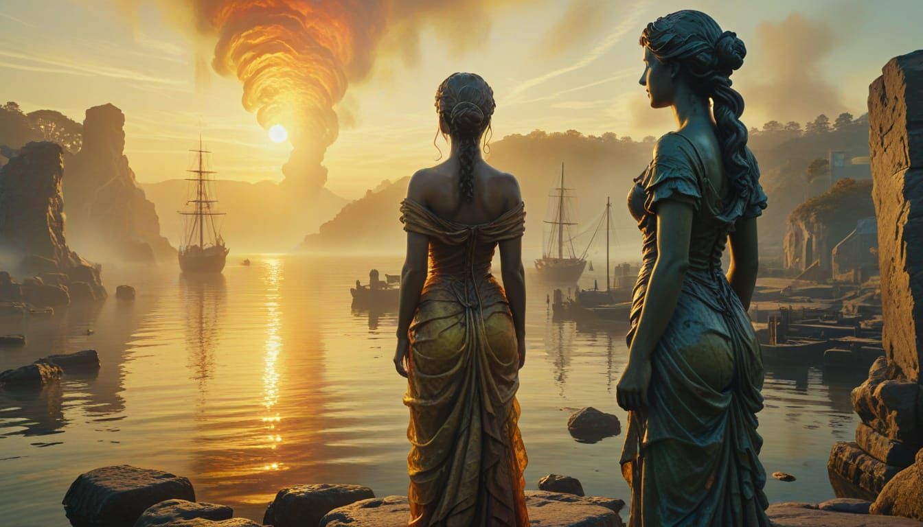 Cartographer at Misty Harbor in Surreal Oil Painting