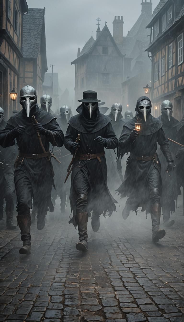 Menacing Plague Doctor in Fog-Shrouded Medieval Town