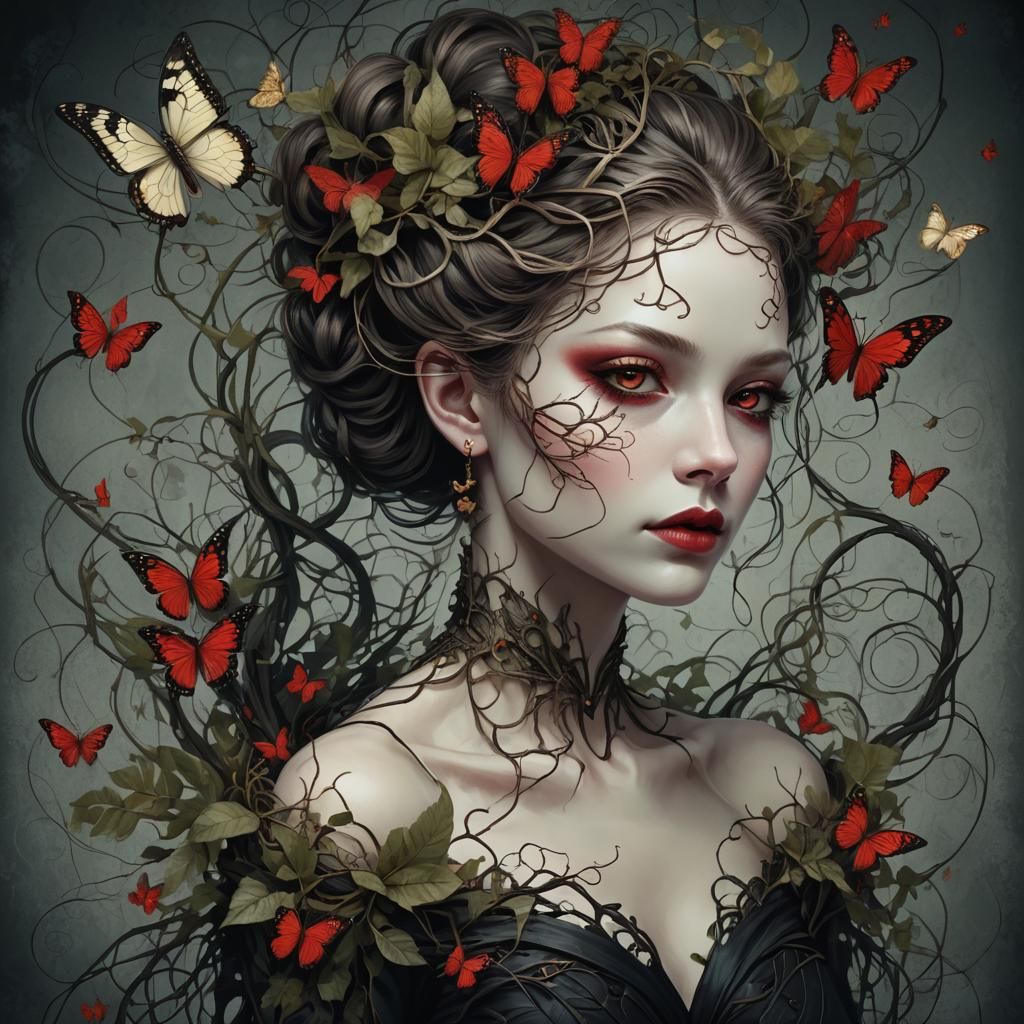 Ethereal Woman with Butterfly Hair, Digital Art