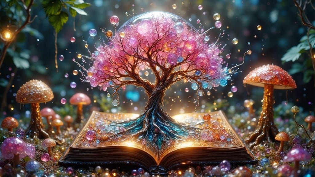 Surreal Glass Book Tree Blooms with Vibrant Iridescent Liqui...
