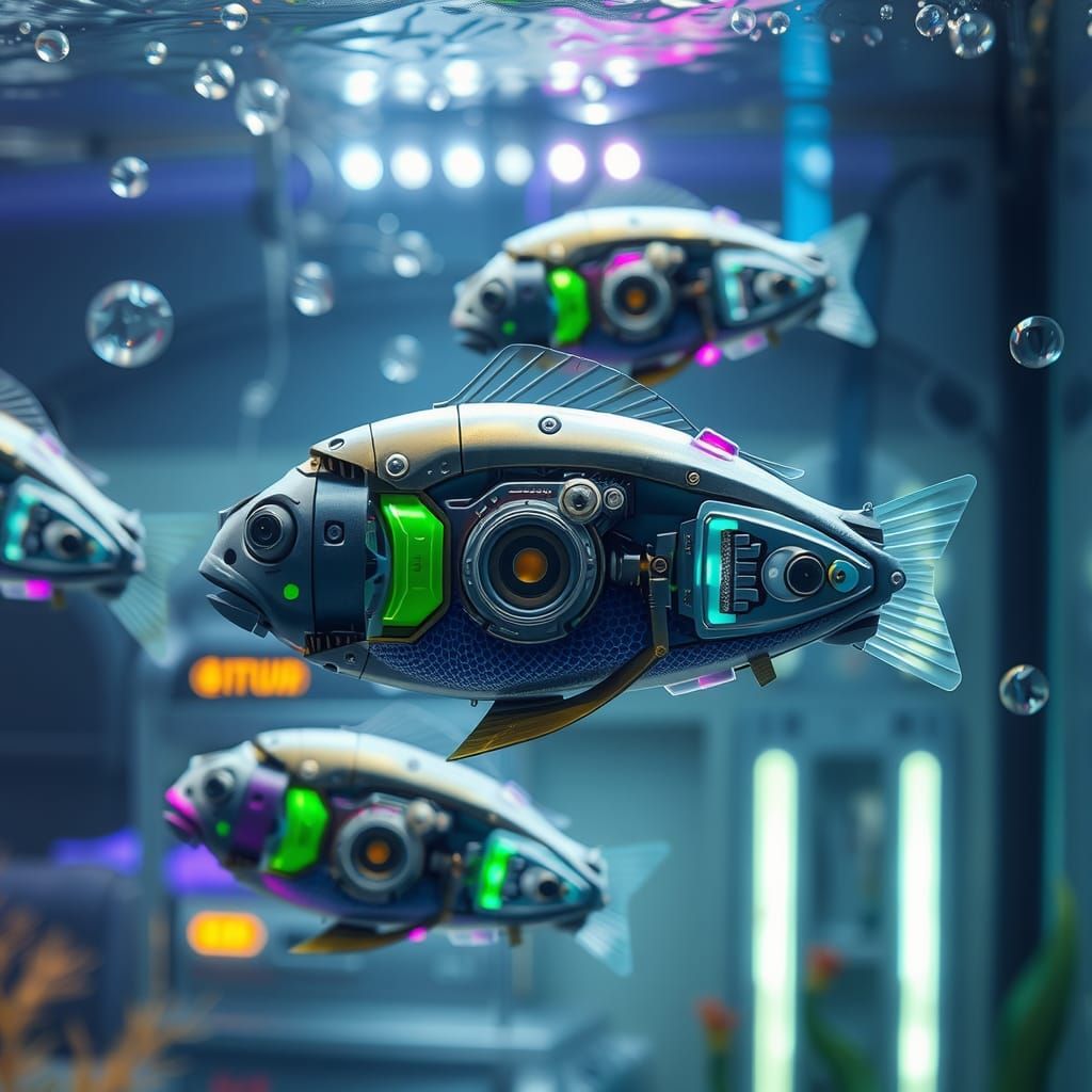 Mechanized Fish in Futuristic Aquarium