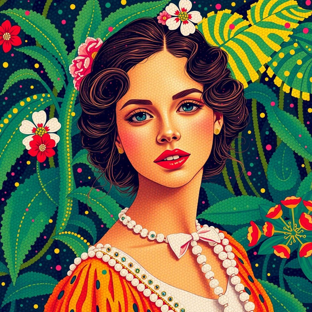 Vibrant Pointillist Portrait of a Woman in Nature