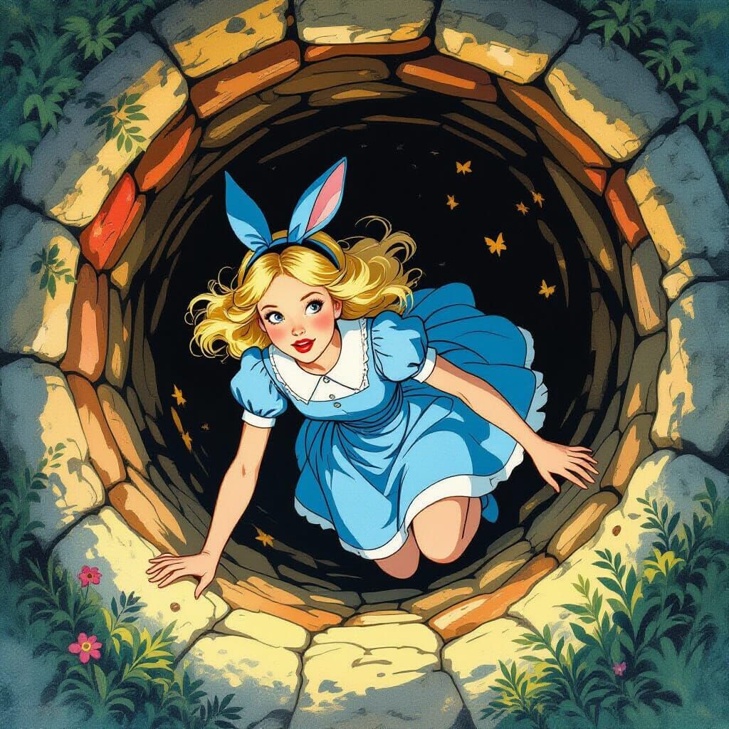 Alice Tumbles Down Rabbit Hole in Storybook Style