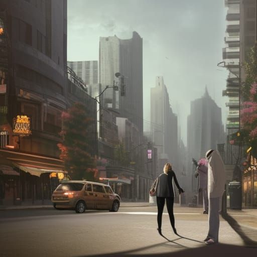 Sidewalk Rendezvous: A Detailed Matte Painting