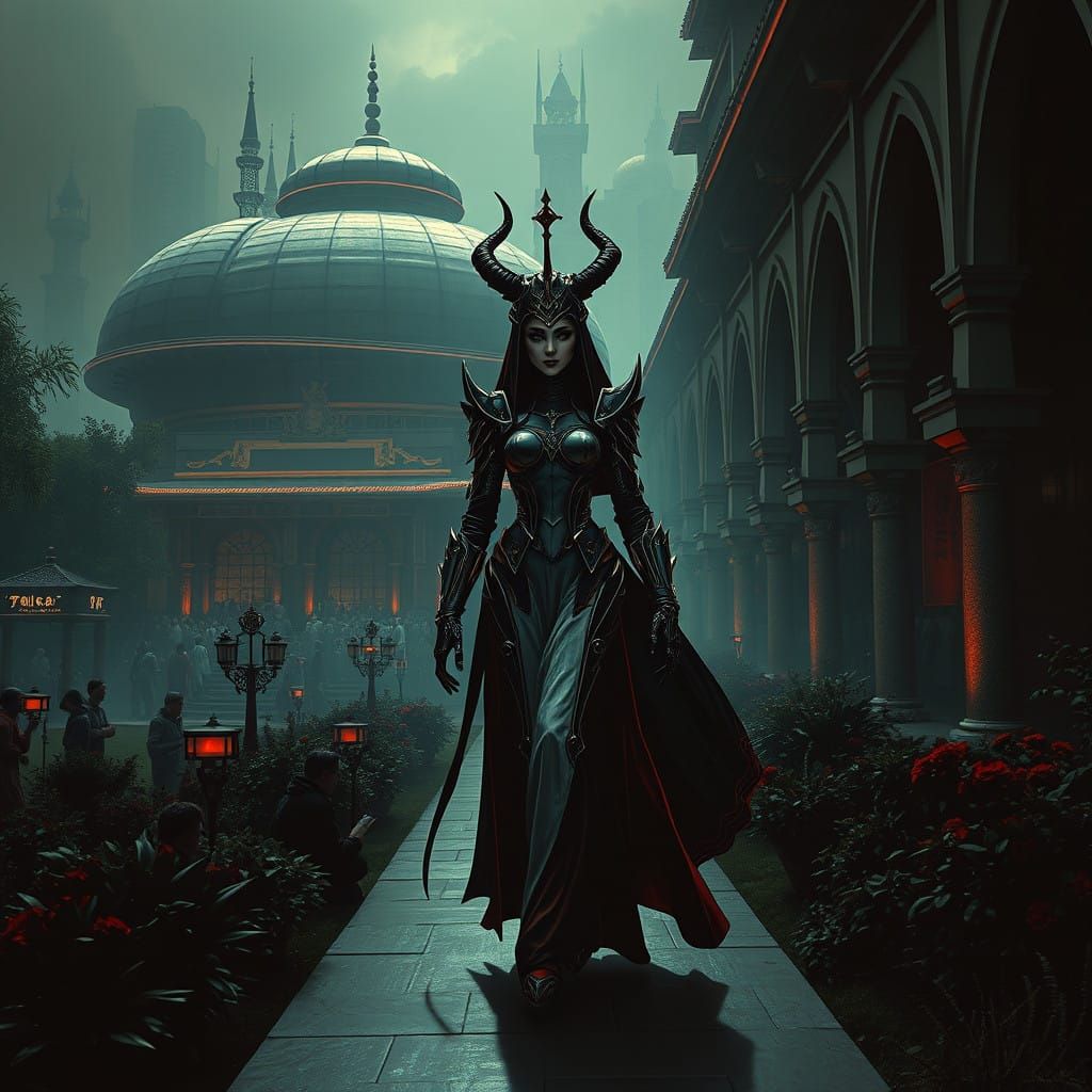 Cyberpunk Neo-Islamic Queen Walks Amidst Dark, Gritty Citysc...