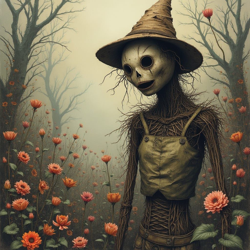Creepy Scarecrow in Twisted Garden: Dark Whimsy